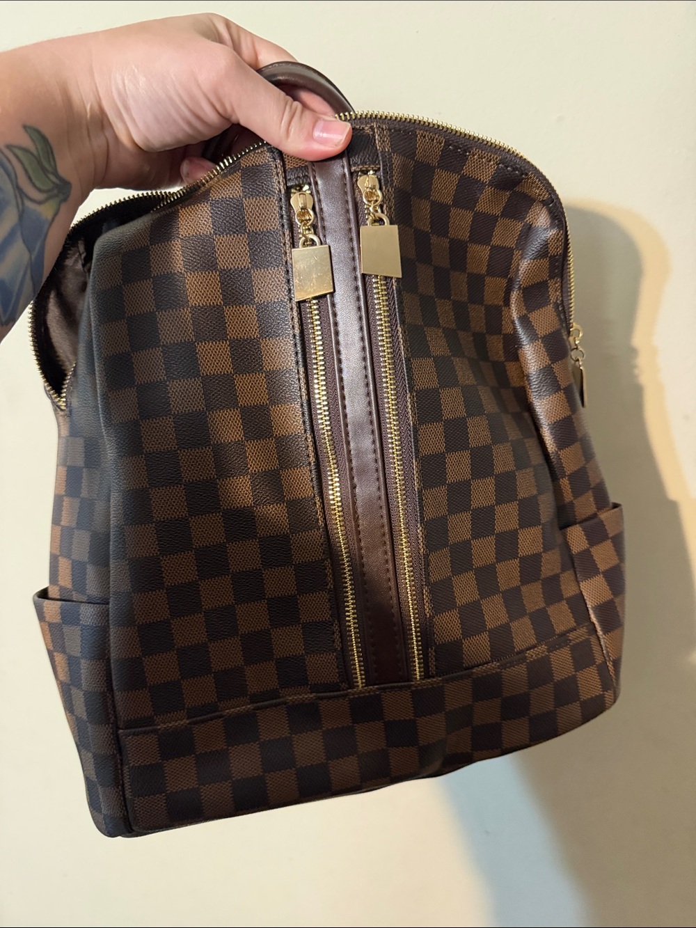 Brown Checkered women’s Backpack with Gold Hardware